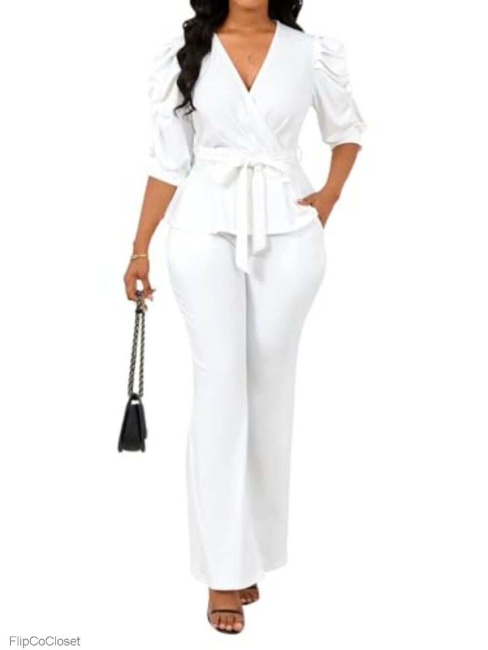 Women's Dressy Two Piece Wide Leg Pant Set Pockets Half Sleeve V Neck Belted